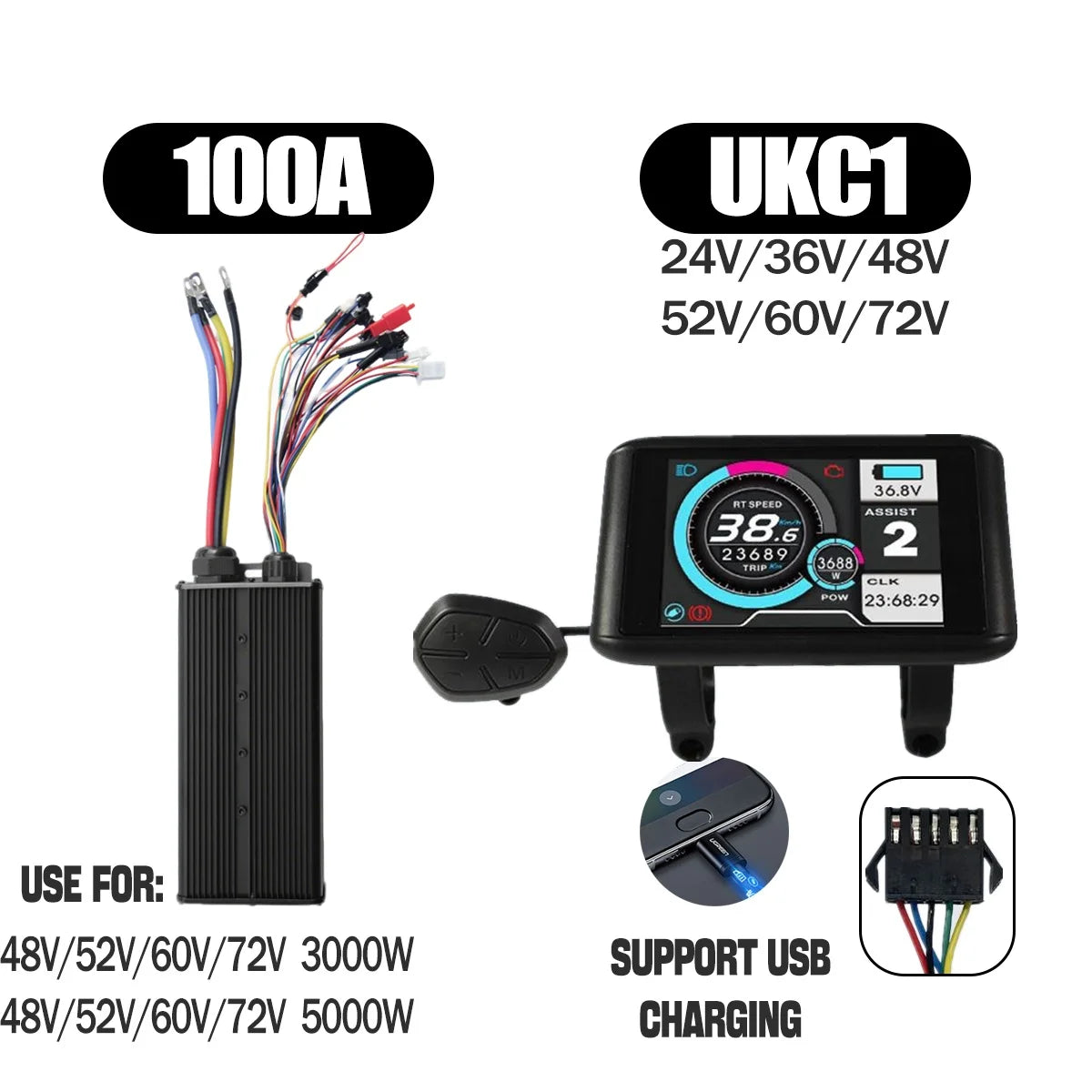 Ebike Sine Wave Display Controller 100A Three-Mode 48V52V60V72V with Learning Function UKC1 LCD Color Display 3000W5000W Motor