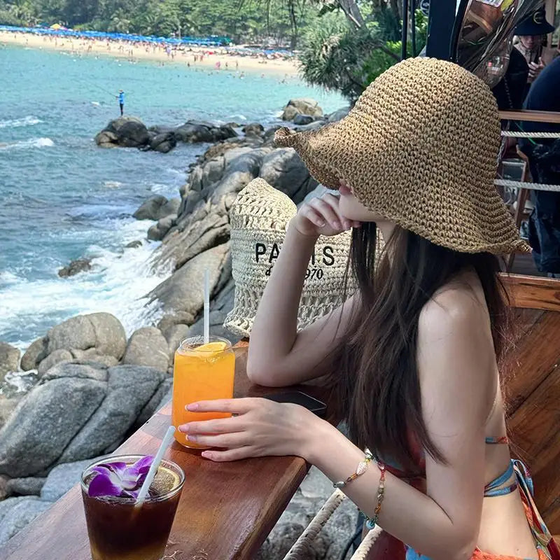 Beach Korean Straw Hat Summer Women Visor Bucket Hat Fisherman Hat Hand weaving Panama Girl Fishing Chapeau Sun Hats tool