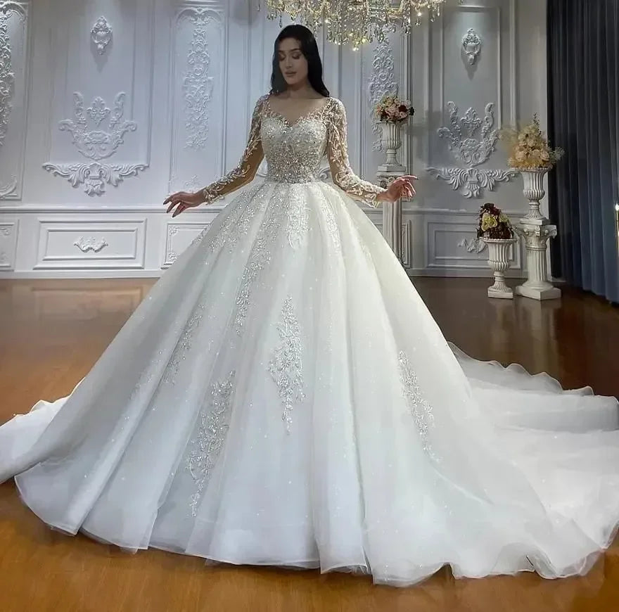 customized Luxury 2025 Wedding Dress Illusion Neck Long Sleeves Lace Appliques Beads Bride Gowns Robe Mariage Vestidos De Novia