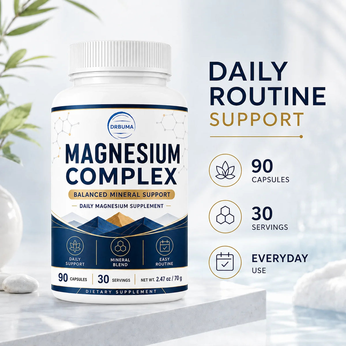 90-Count Magnesium Complex Capsules, Daily Dietary Nutritional Supplement for Adults, Large-Capacity Bottle with 30 Servings, Easy Daily Intake, Easy-to-Swallow Capsules, Ideal Choice for a Healthy Lifestyle
