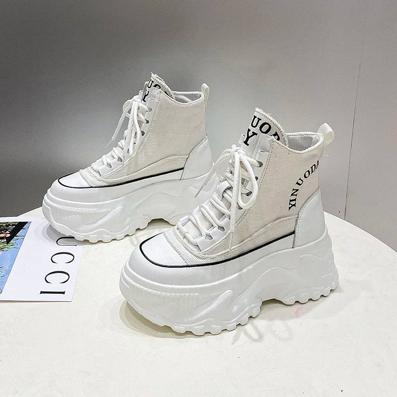 Women Sneakers High Top Platform Breathable Leather Shoes 2023 Autumn Ladies Wedges Casual Shoes For Woman Sports Dad Shoes 8CM