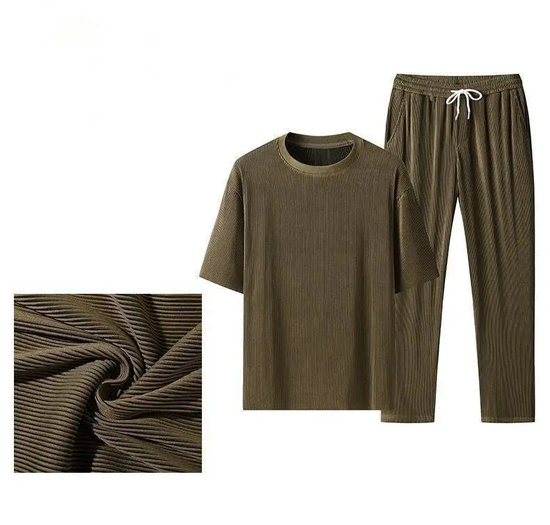 New Ice Silk Sports Set Men's Summer Thin Tracksuit Men 2024 Casual Long Pants Short Sleeve T-shirt Quick Drying Clothes Sets