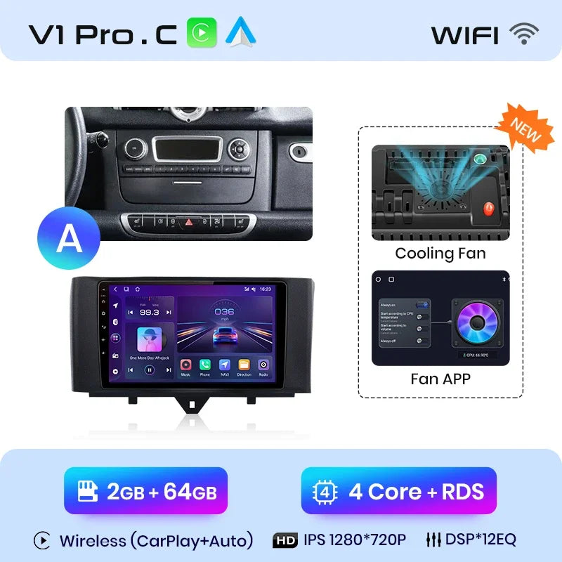 Junsun Wireless CarPlay Android Auto Radio For Smart Fortwo 451 2005 - 2015 Car Intelligent Systems RDS BT DSP 2 din autoradio