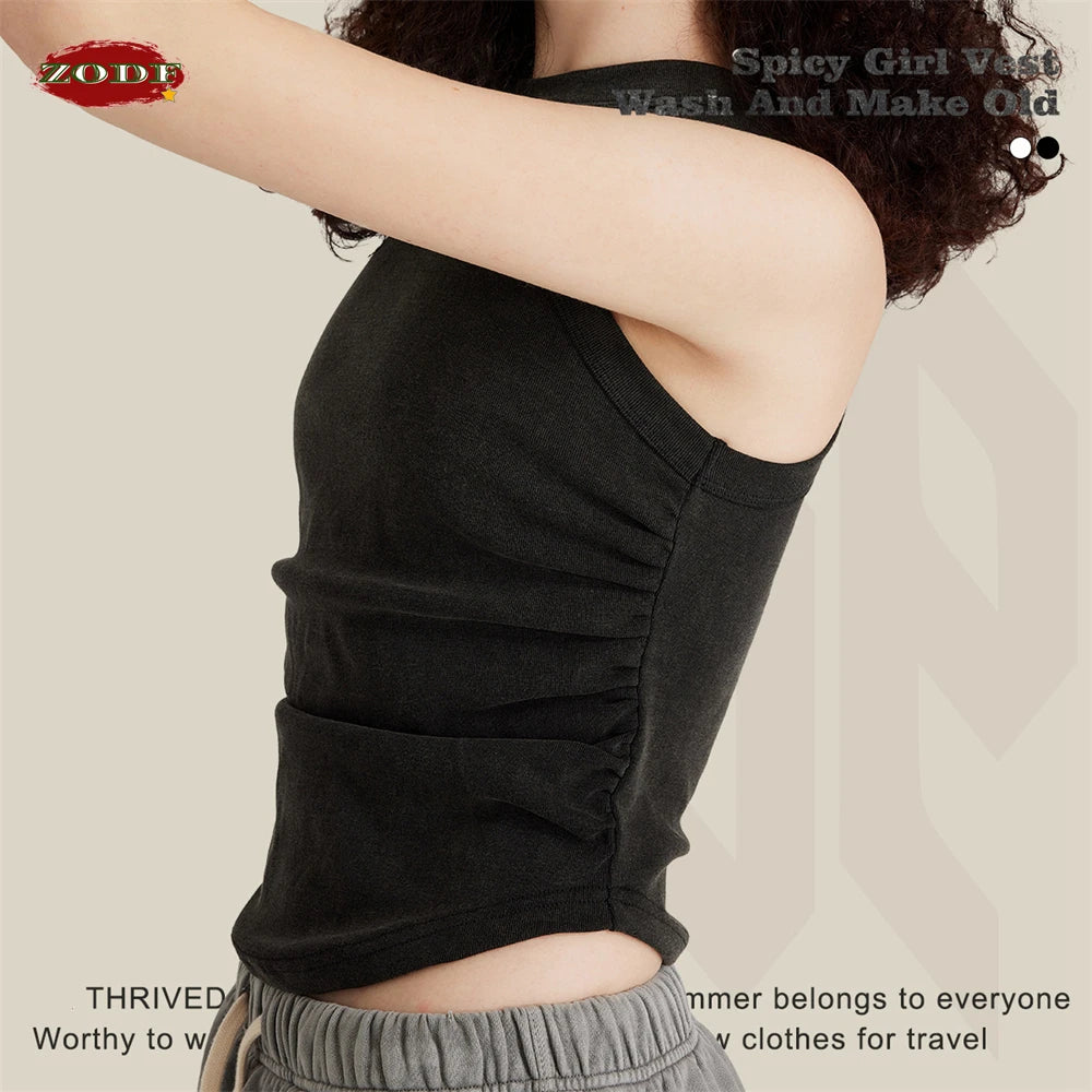 ZODF Women 2025 Hotsweet Girls Washed Cotton Tank Tops Female 315gsm Slim Pleated Arc Hem Camisole TEE Brand Tops HY0574