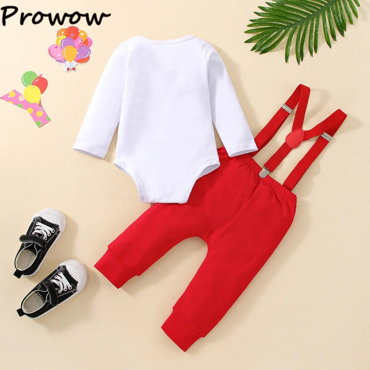 Prowow Baby Boy Cake Smash Outfits Balloon Letter"1" Romper and Y-back Strap Pants 3pcs Sets Baby Boy One Year Birthday Clothes