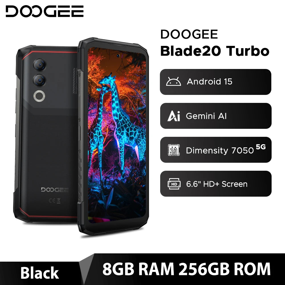 World Premiere DOOGEE Blade20 Turbo 5G Rugged Phone Android 15 Gemini Al 6.6'' HD+ 8GB 256GB AI Dual Camera 10300mAh Battery