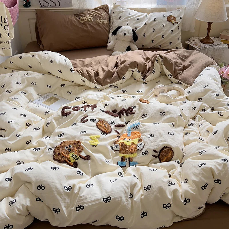 Cartoon Animal Embroidery Bedding Set For Adults Kids Cute Flat Fitted Sheet With Pillowcases Washed Cotton Colorful Full Size