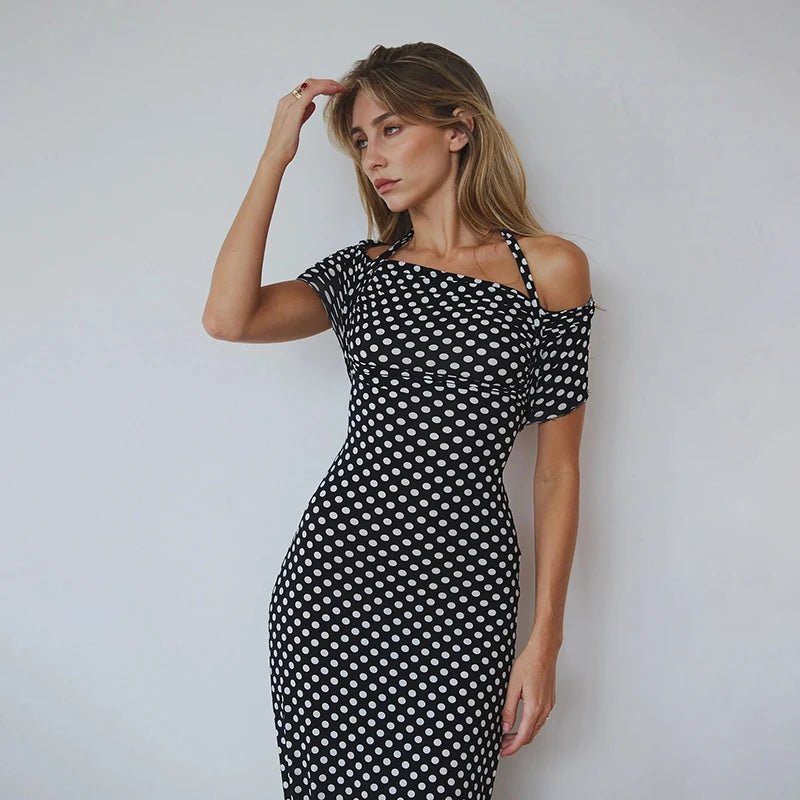 Mozision Off-shoulder Polka Dot Maxi Dress For Women Gown Fashion Halter Sleeveless Backless bodycon Split Long Dress Elegant