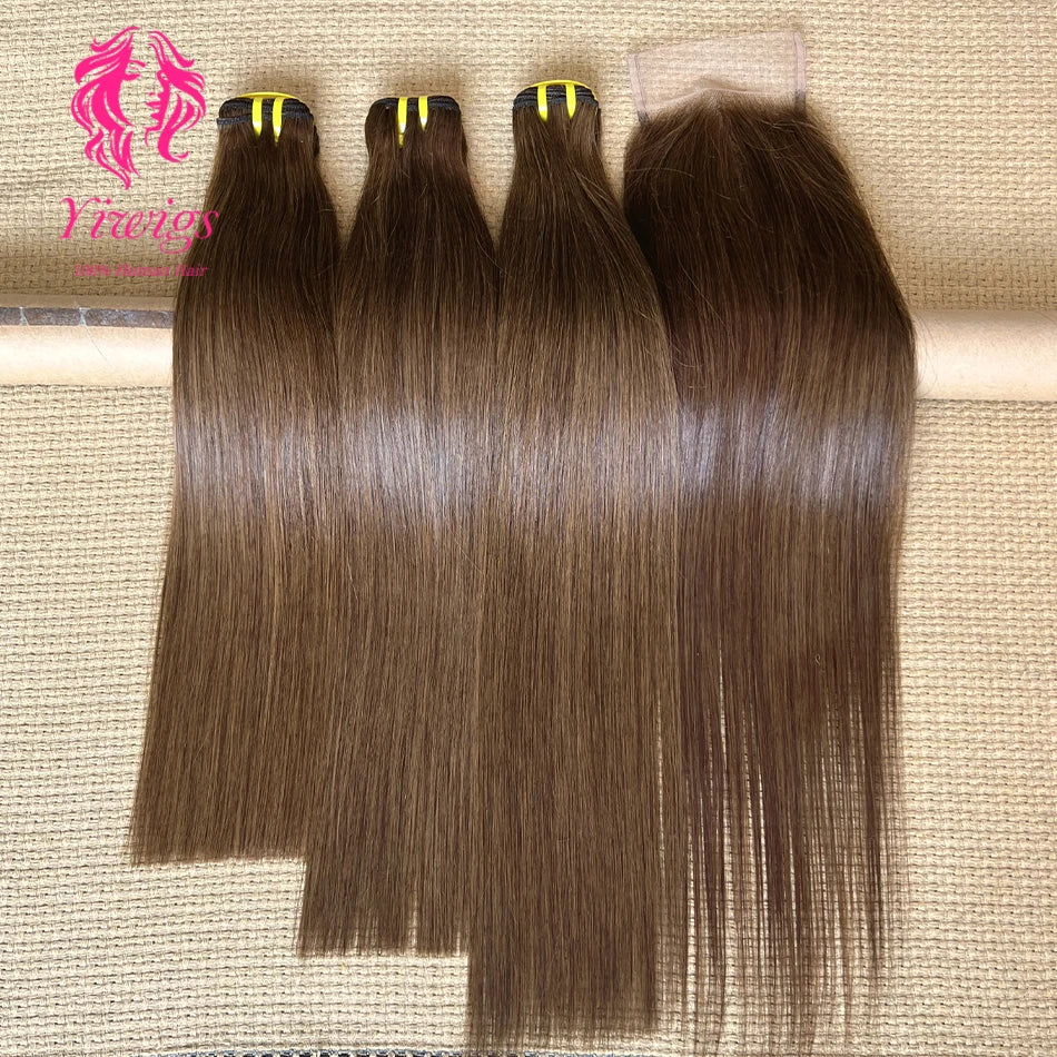 Yiwigs #4 Colored Light Brown 100% Raw Virgin Human Hair Bundles With 4x6 Transparent Lace Closure Hair Weave Extensions