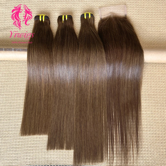 Yiwigs #4 Colored Light Brown 100% Raw Virgin Human Hair Bundles With 4x6 Transparent Lace Closure Hair Weave Extensions