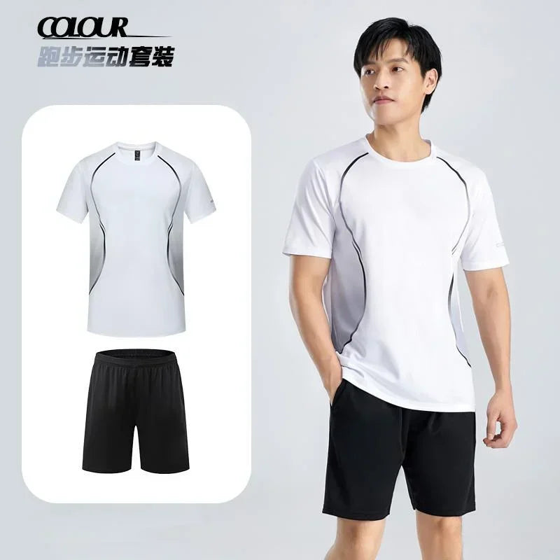 Summer Casual Sports Suit Men Short-sleeve Breathable Outdoor Morning Night Jogging Training Suit Loose Gym Quick Drying Clothes