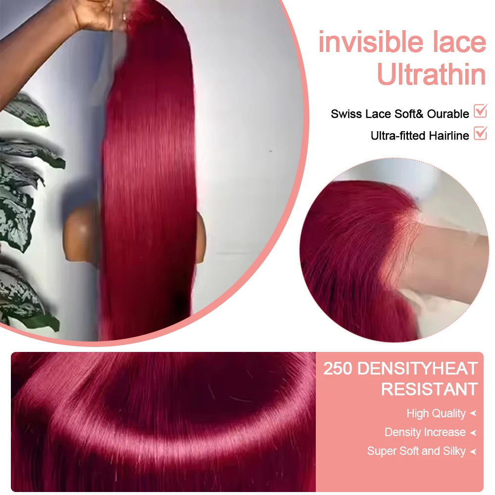 Burgundy Transparent Lace Frontal Human Hair Wig 7x5 Glueless Red 99J Straight Colored 13x4 Lace Front Human Hair Wigs For Women