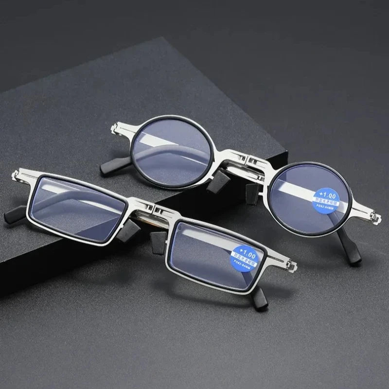 Unisex Folding Reading Glasses Transparent Lenses Full Metal Frame Anti Blue Light Comes with Case for Men and Women