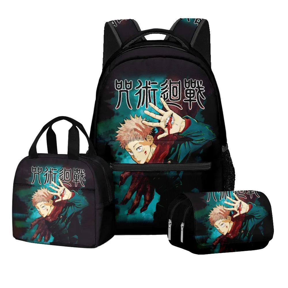 Anime Digital Print Jujutsu Kaisen School Set Large Capacity Backpack Lunch Bag 2-Layer Pencil Case 3-Piece Boy's Gift