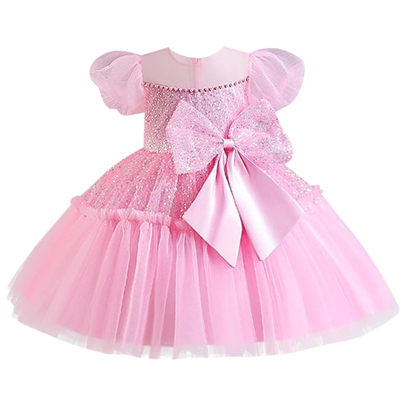 Summer clothing suitable for toddlers mesh large bow baby's first birthday ball dress white baby girl baptism dress