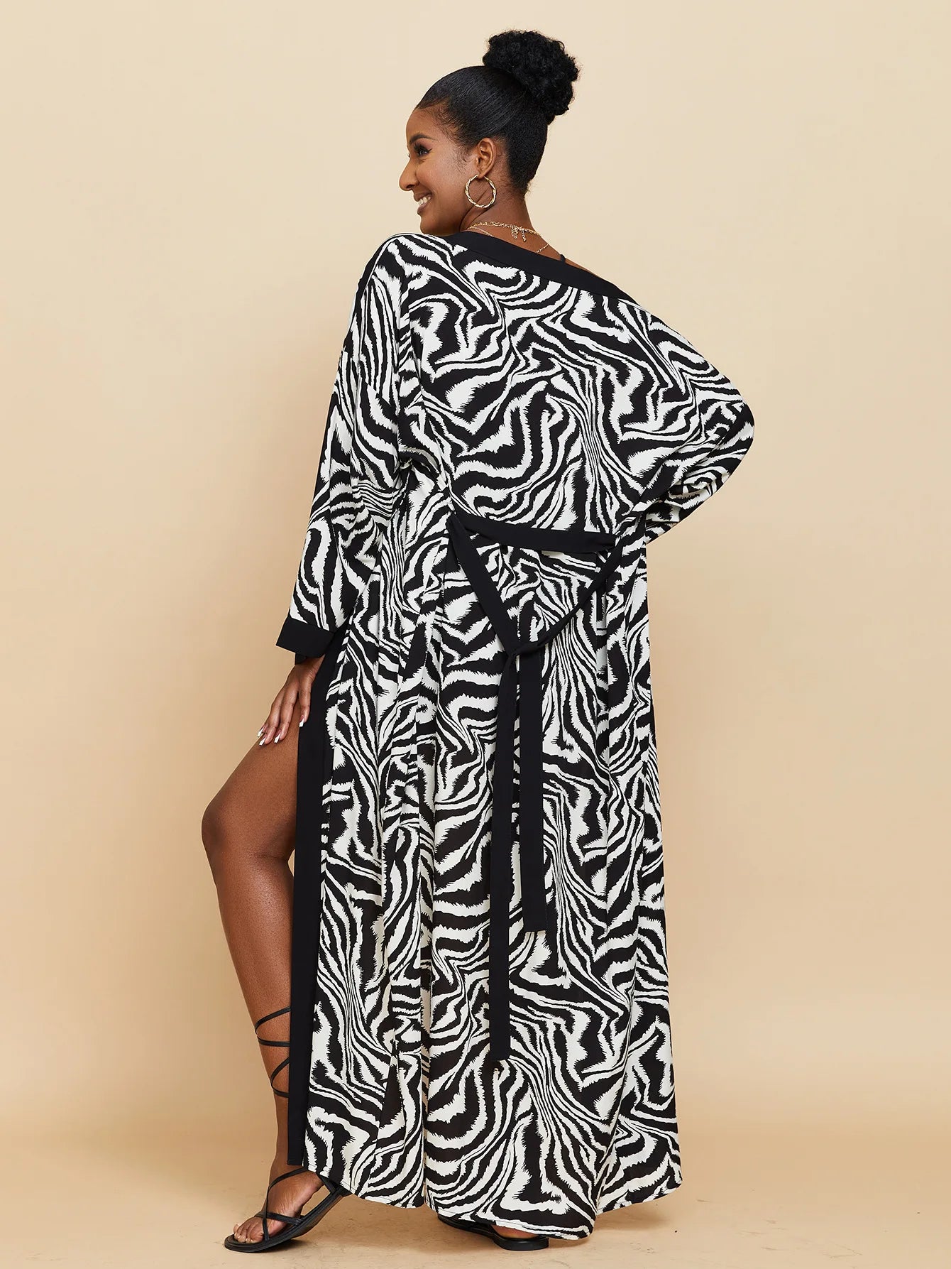Zebra Beach Cover Ups for Women Long Sleeve Kimono Dress Self Belted Rayon Elegant Pareo 2023 Bathing Suits Holiday Beachwear