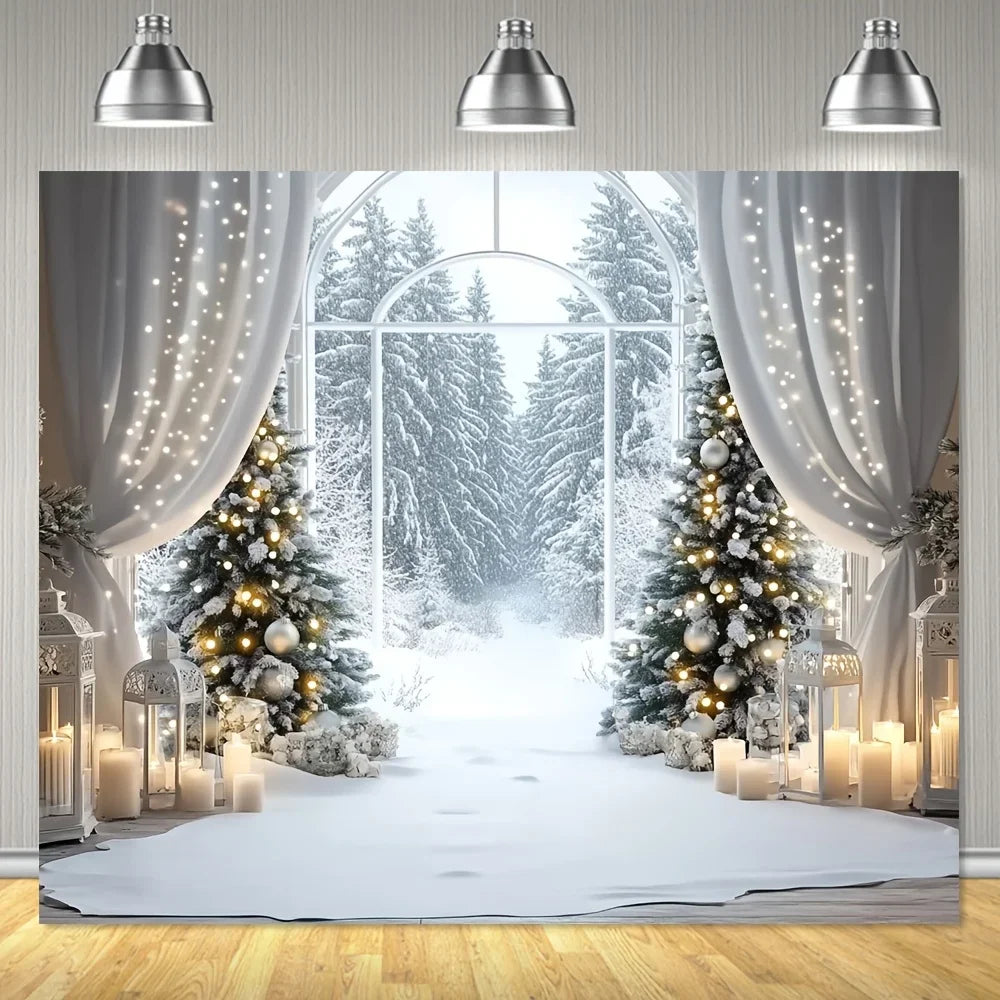 1 piece farmhouse style winter background with snowy forest scene and few feathers, suitable for outdoor decoration