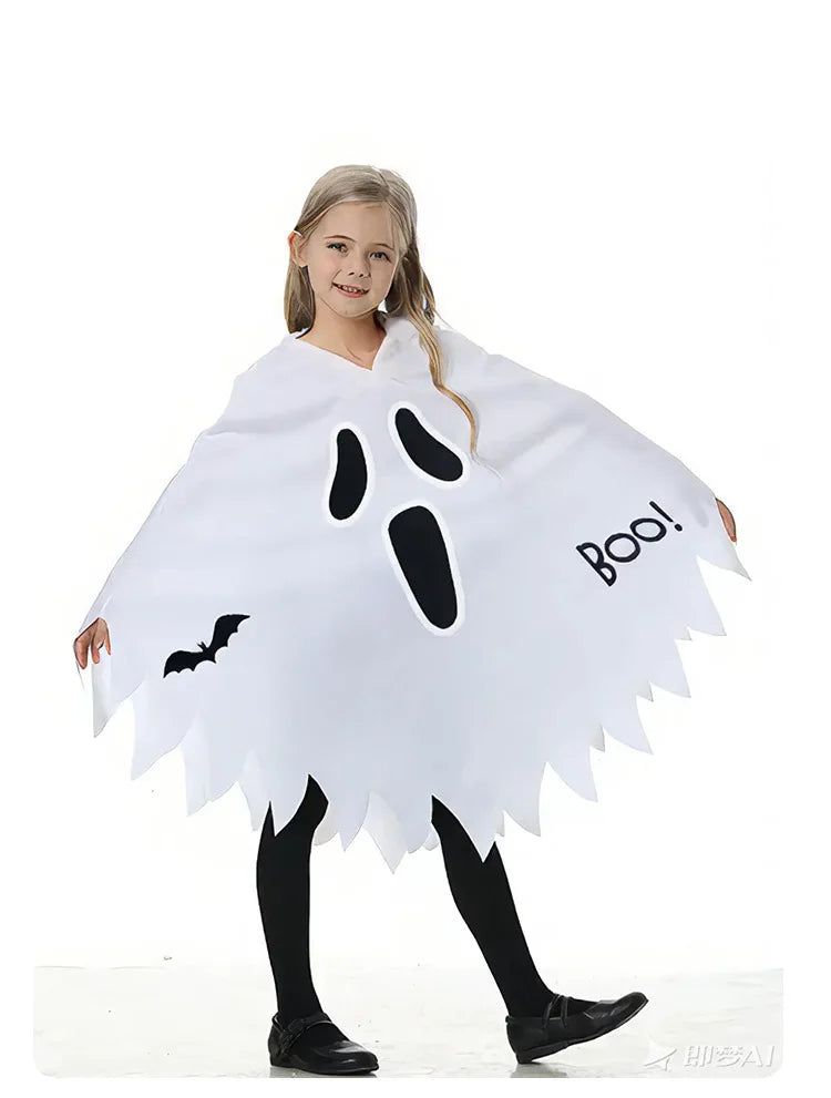 Halloween children's costumes - glowing white scream ghost face, ghost cape, party dress, dance costume