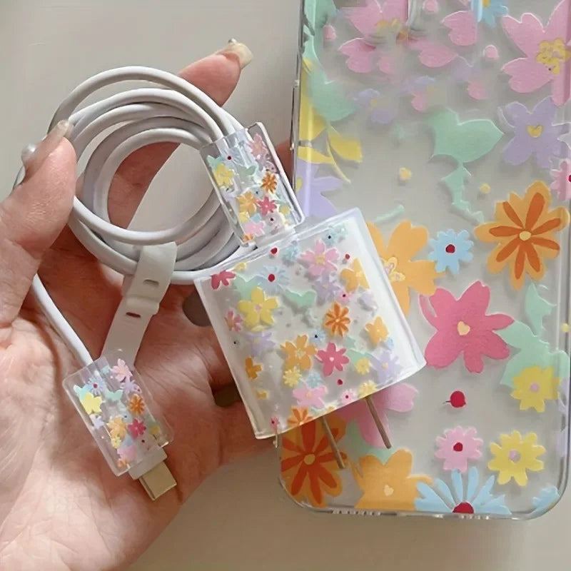 Fashion Flowers Print Charging Data Cable Protector Case For iPhone 18W 20W Charger Protective Cover Winder Accessories Sleeve
