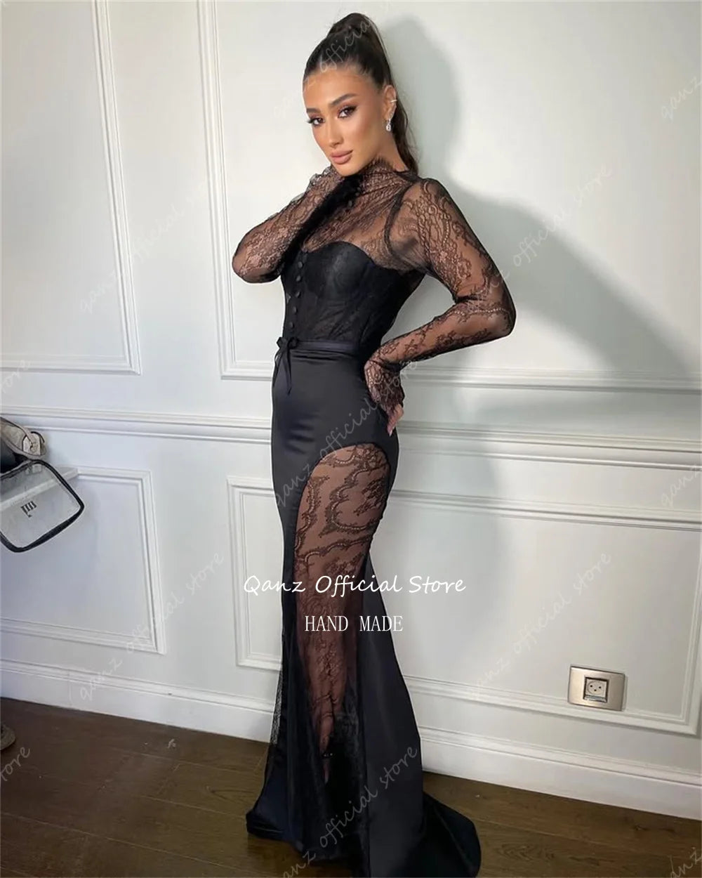 Qanz Modern Black Illusion Prom Dresses Lace Long Sleeves Mermaid Evening Dress Bottons Women Special Party Gown Customized