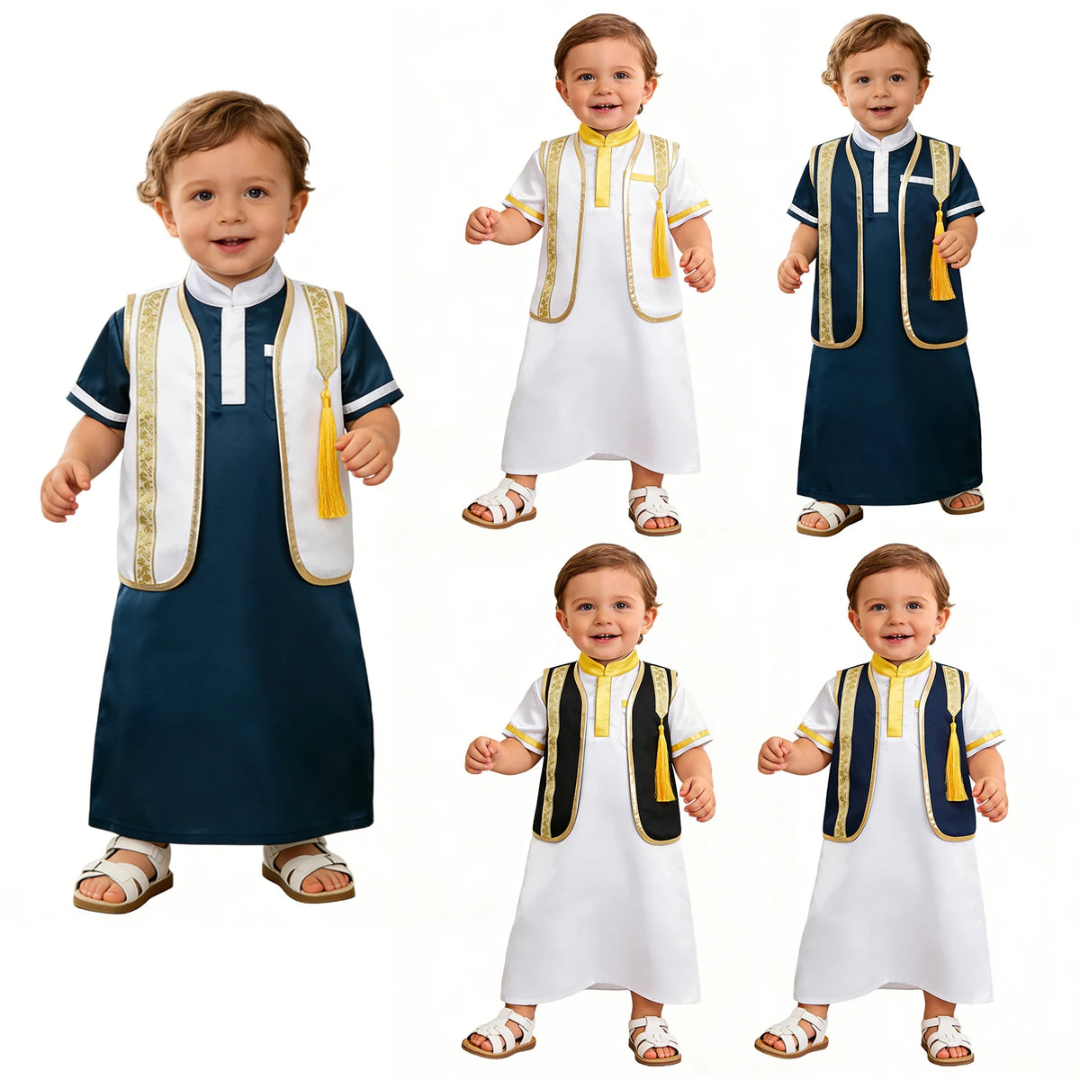 Muslim Baby Boys Robe Ramadan Eid Abaya Set Metallic Trim Arabic Islamic Kaftan Thobe Satin Gown with Open Front Tassel Vest