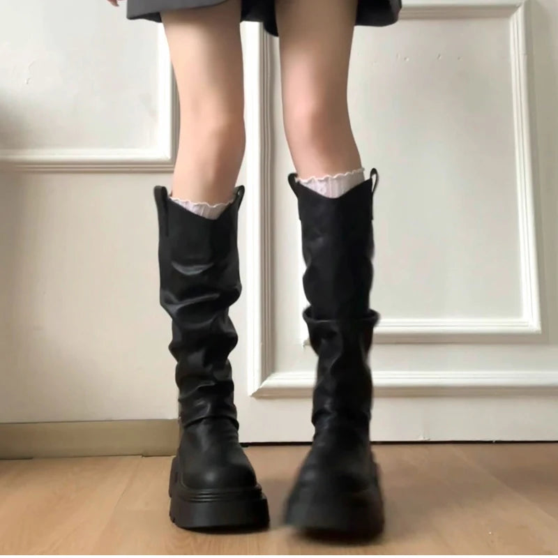 Autumn Winter Platform Thick Bottom Women Long Boots Fashion Slip On Shoes Vintage Ladies Knight Botas