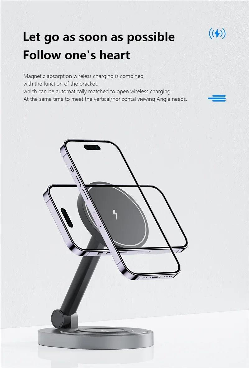 2 in 1 Folable Magnetic Wireless Charger Phone Holder Stand For Magsafe iPhone 17 16 15 14 13 12 Airpods 4/3 Pro 2 Fast Charging