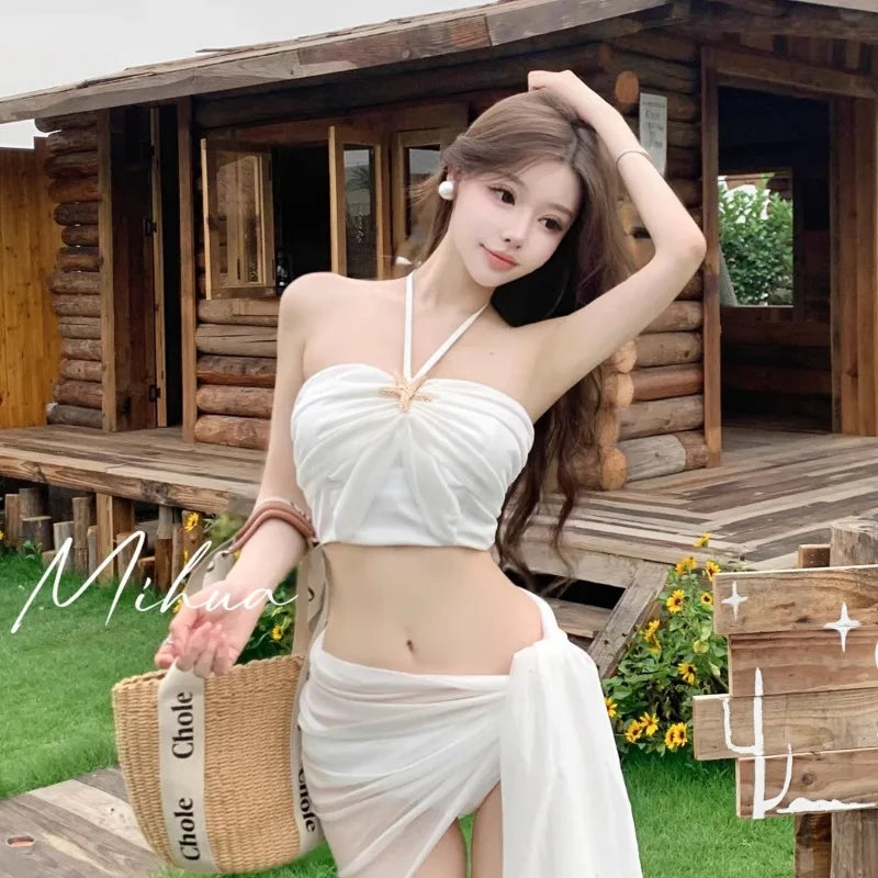 Swimsuit Women's High-end New Water Tone Sexy Pure Desire Bikini Three Piece Set Beach Vacation Hot Spring Neck Hanging Swimsuit