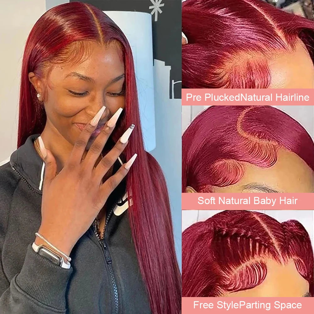 Burgundy Transparent Lace Frontal Human Hair Wig 7x5 Glueless Red 99J Straight Colored 13x4 Lace Front Human Hair Wigs For Women