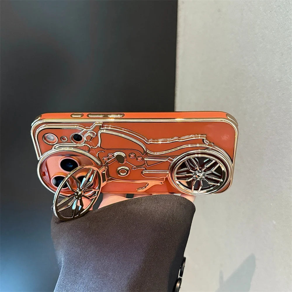 Motorcycle 3D Flip Up Bracket Lens Protection Case for iPhone 12 13 14 15 Plus 16 17 Pro Max Airbag Shockproof Solid Color Cover