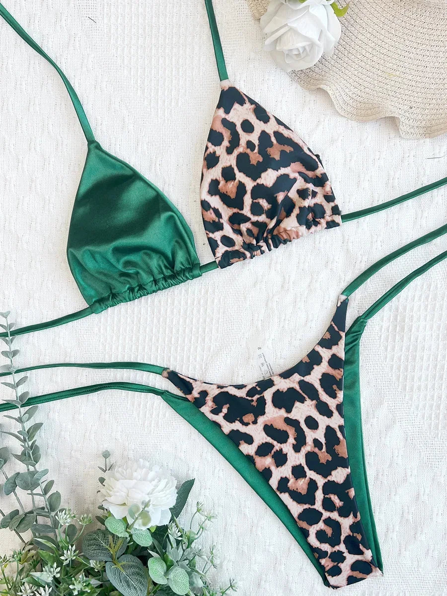 Halter Splicing Leopard Bikinis 2026 Satin Bikini Female Swimsuit Women Swimwear Two-pieces Bikini Set Micro Bathing Suit Swim
