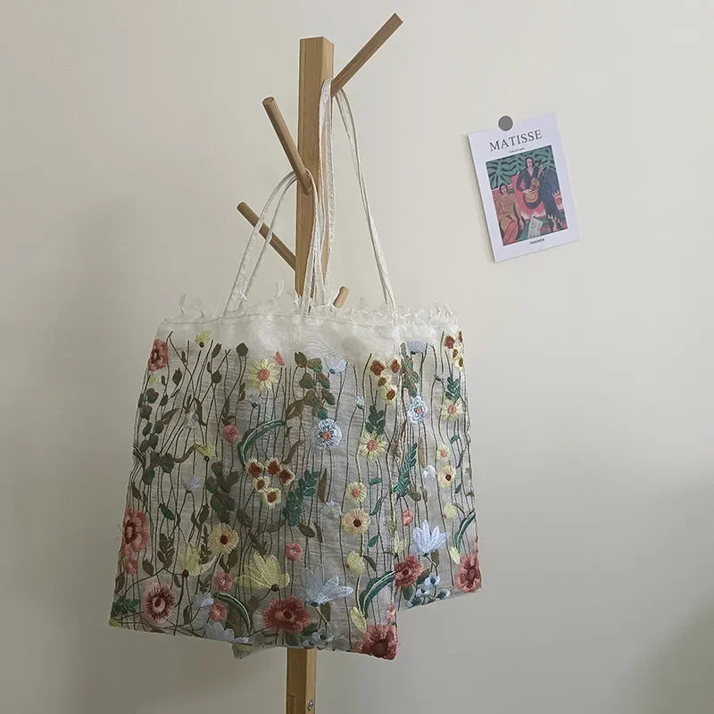1Pc Fashion Tote Summer New Style Mesh Full Embroidery Flowers Clear Shoulder Bag Romantic Handbag Women's Eco Shopping Bag 2025