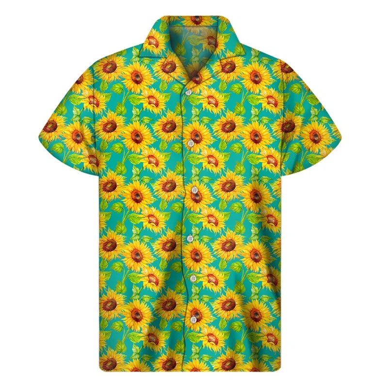 3d Plants Sunflower Print Shirt For Men Fashion Classic Short Sleeve Summer Vacation Shirts Breathable Tops Hawaiian Shirts