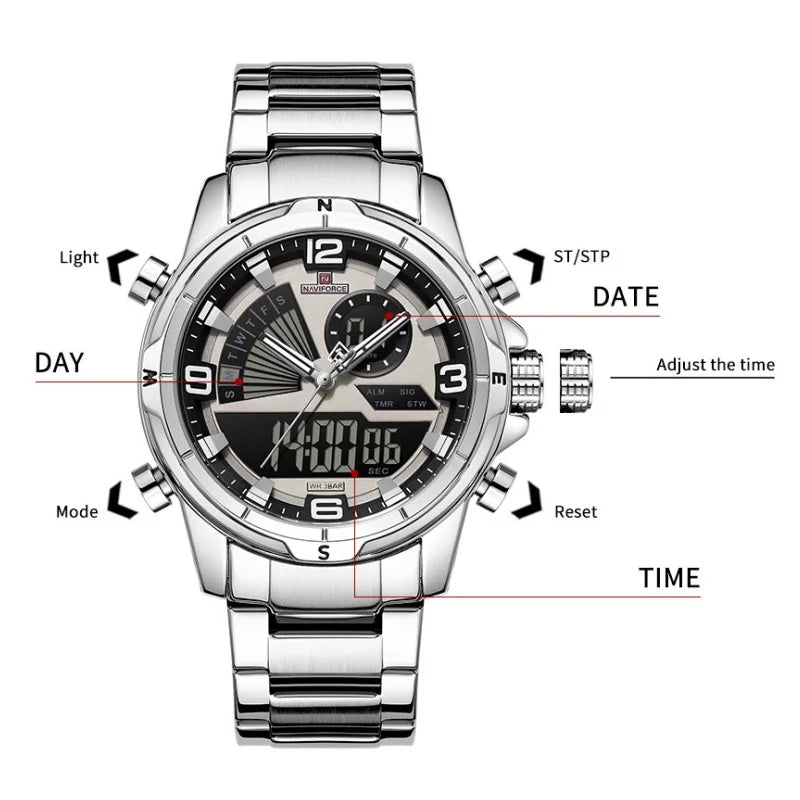 NAVIFORCE Men's Watch 3ATM Waterproof Multifunctional Dual Display with Date Stainless Steel Strap Luxury Business Wristatch
