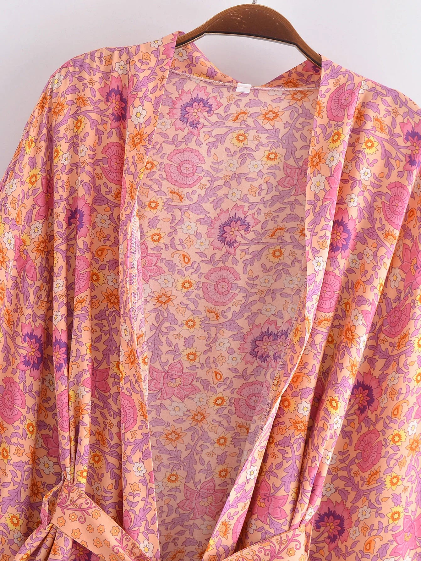 BOHO Women Blue With Pink Flower Print Kimono Shirt Holiday Tide Bow Sashes Mid Long Cardigan Summer Blouse Beach Cape