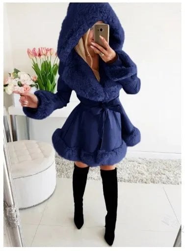Warm Solid Color Lace-up Belt Fur Splicing New Women's Long-sleeved Ruffle Edge Hooded Jacket Parka