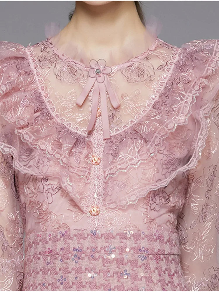 Light Luxury Embroidery Sequin Tweed Patchwork Dresss Women's Stand Collar  Long Sleeve Ruffle Woolen Dress Female Clothing