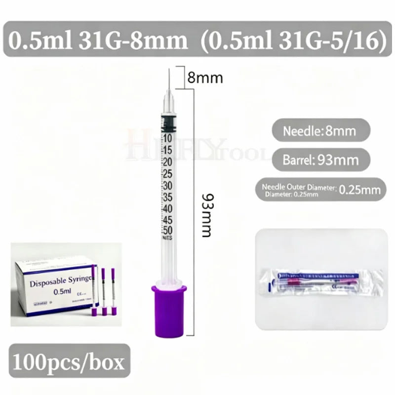 100Pcs 0.3ml/0.5ml/1ml Sterile Individually Syringe 29Gx13mm 31G 8mm 6mm needles for Pet Veterinary Lab Industrial Dispensing