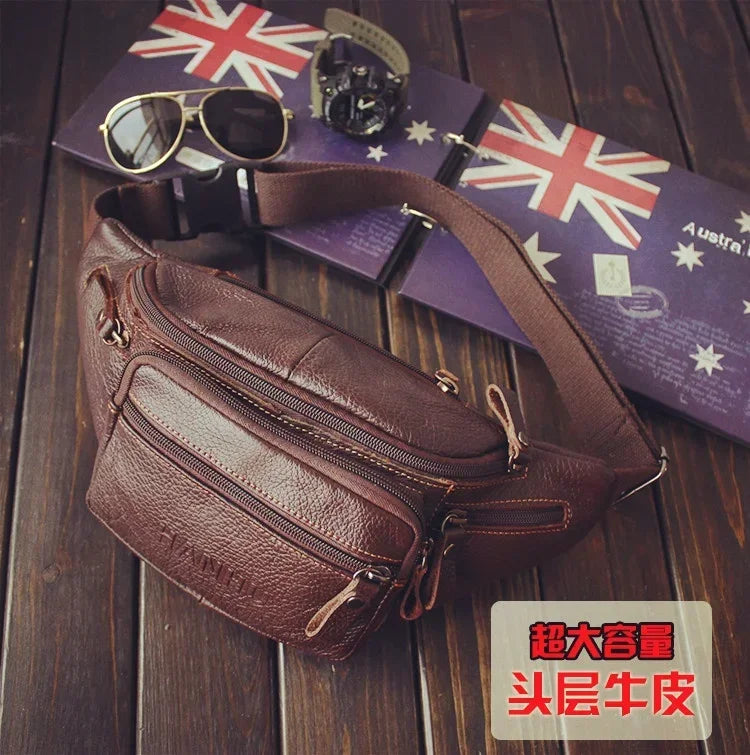 Genuine Cowhide Leather Waist Bag Men Funny Pack Belt bag Phone Pouch Multiple Pockets Hiking Running And Cycling fanny pack 가방