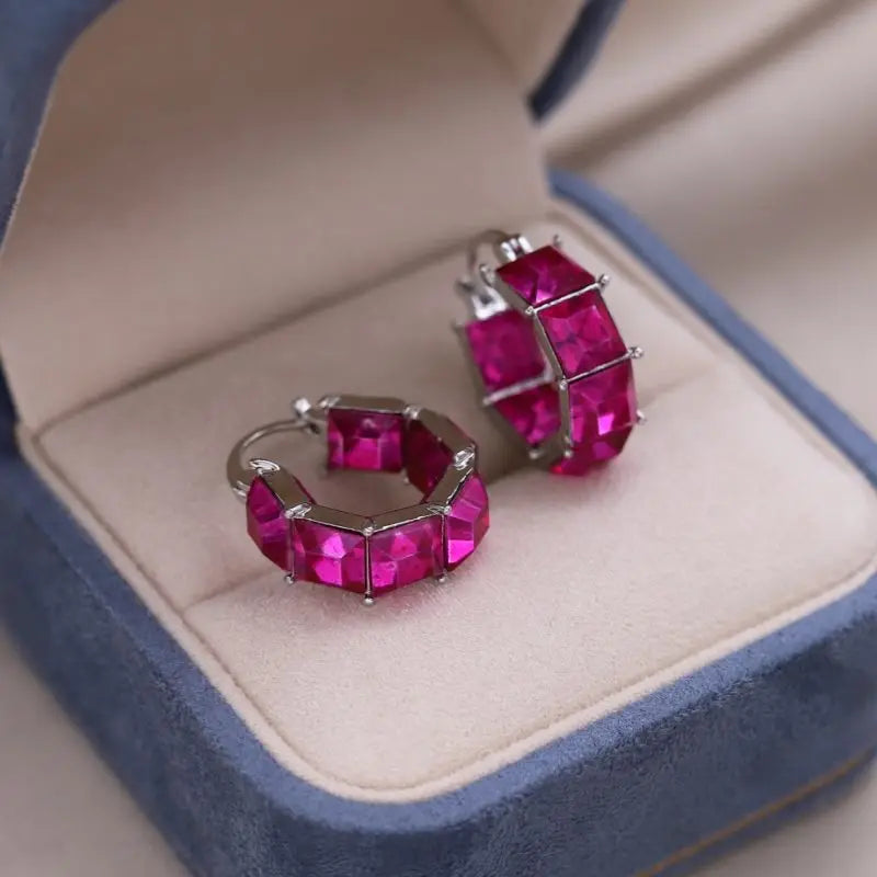 2025 Korean new design fashion jewelry luxury square blue crystal hoop earrings elegant women's daily work accessories