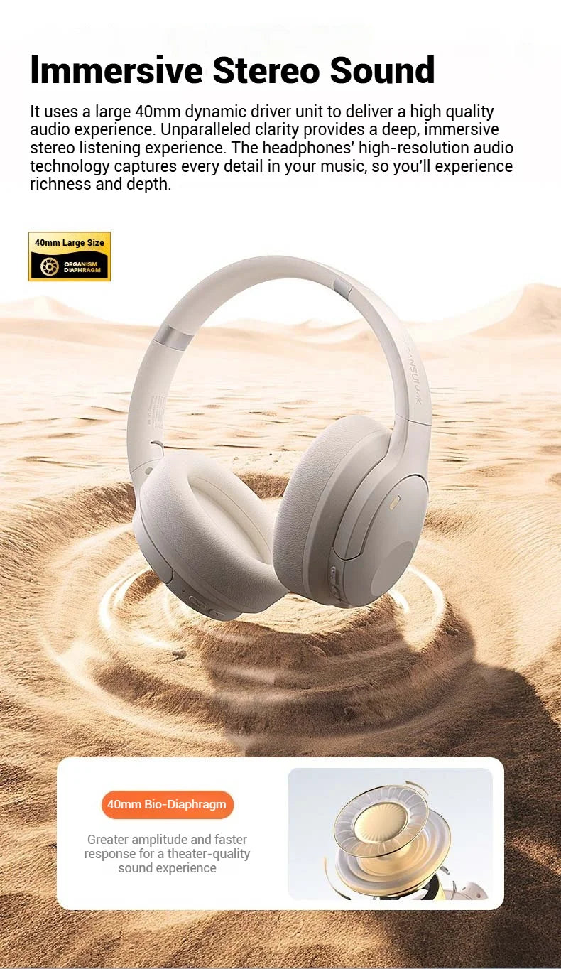 Sansui 50dB ANC Wireless Bluetooth 5.4 Headphone Over-Ear Earphone with Detachable Microphone Active Noise Cancellation Headsets