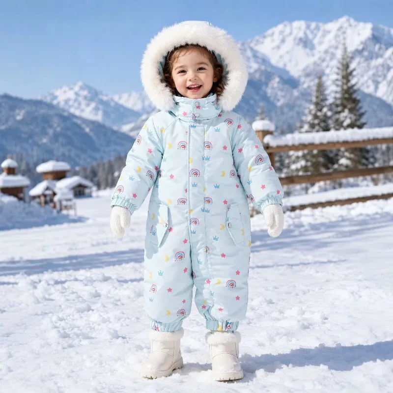 Bellbell Winter 2-6Yrs Girls Snowwear Jumpsuit Faux Fur Hooded Floral Print Kids Baby Girl Romper Thicken Warm Toddler Bodysuit