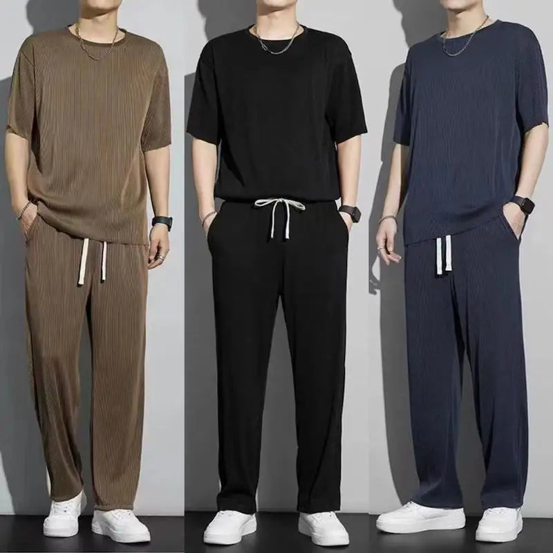 Men's Wrinkled Ice Silk Sports Set 2024 Summer New Short sleeved Long Pants Two piece Set Fashionable, Breathable, and Cool 3