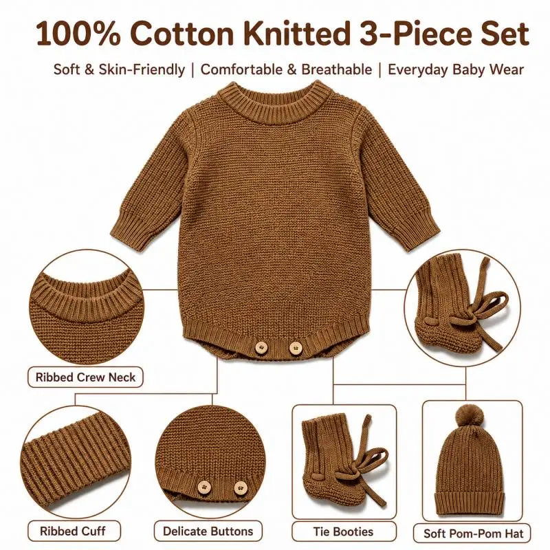 Autumn Baby Knitted Romper Headband Hat Socks Set 3Pcs Solid Color Newborn Outfit Cotton Warm Infant Shower Clothing Gifts