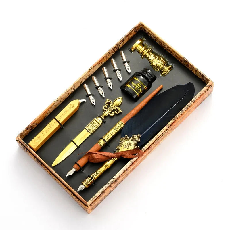 Sprinkling Gold Vintage Feather Pen Set Luxury Fountain Pen Ink Bottle Calligraphy Writing Dip Pen Nib Quill Birthday Gift Box