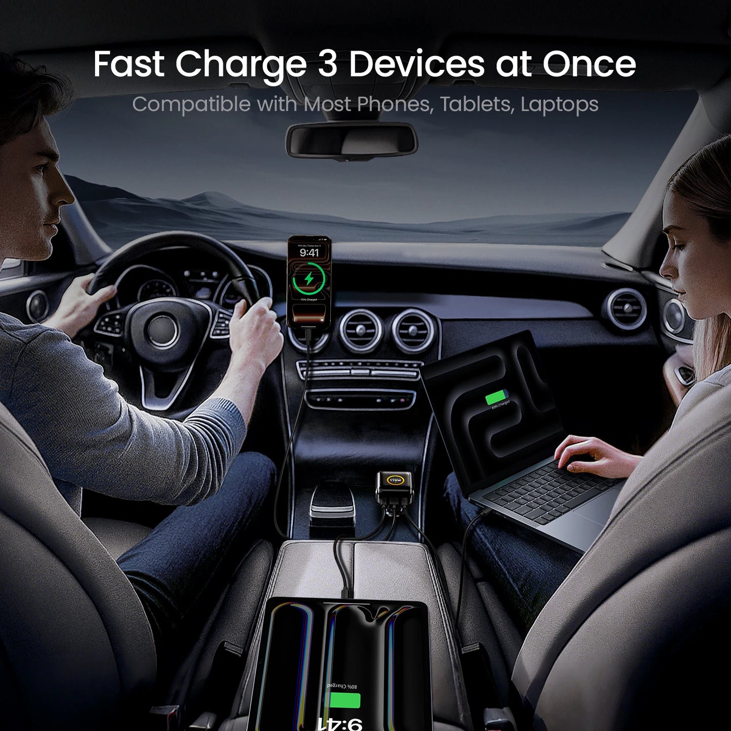 AOHI THE FUTURE Car Charger  AI PD GAN+ 170W 3-Port LED Display Fast Car Charger