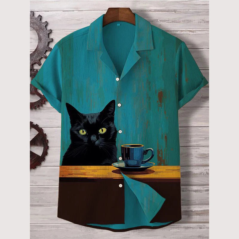 Summer Men's Shirt Animal Pattern Print Cat Shirts Casual Short Sleeve Streetwear Fashion Oversized Male Clothing Cardigan Top