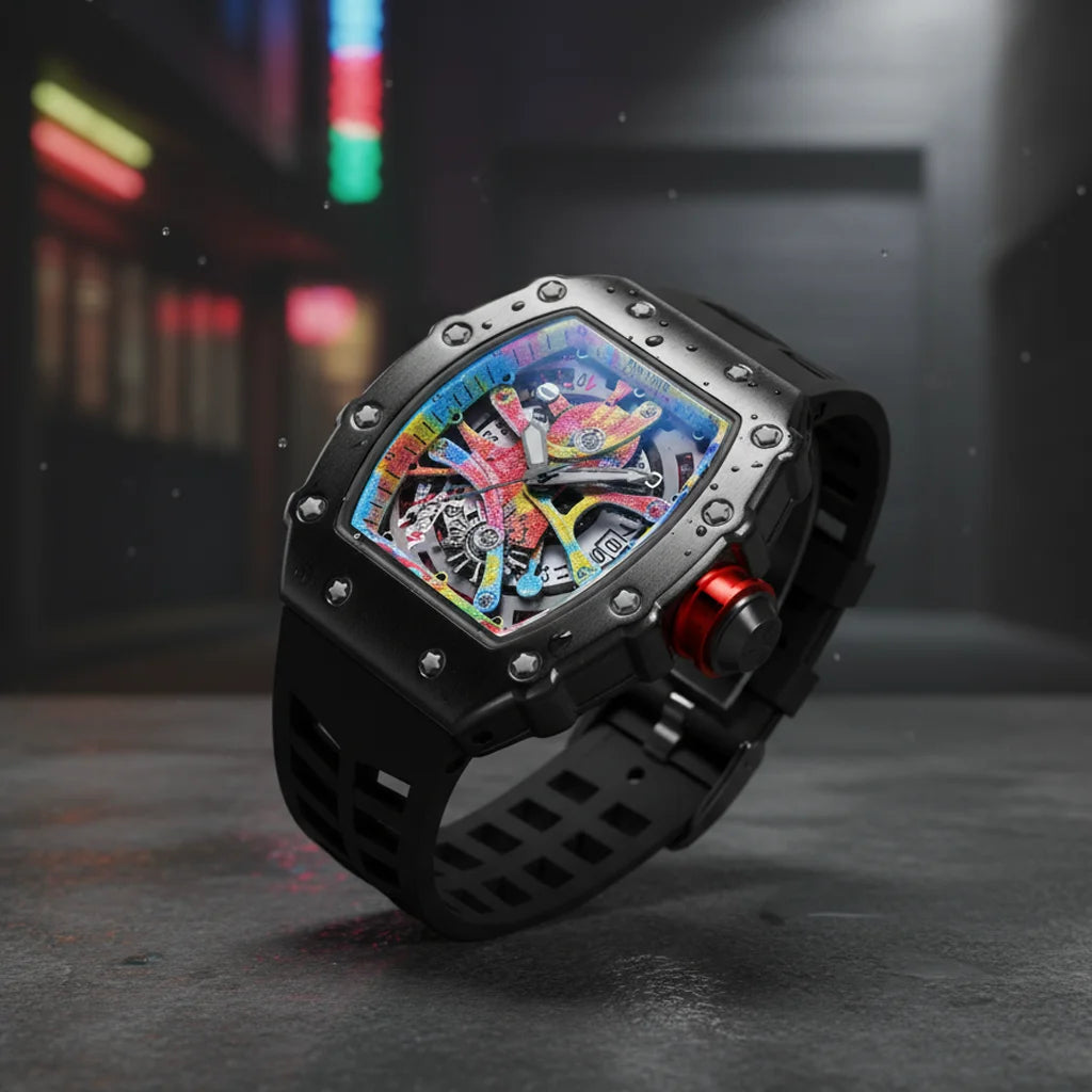 High-end Colored Hip Hop Dial  PINTIME Watch for Men Silicone Strap Stainless Steel Case Fashion Waterproof Quartz Wristwatch