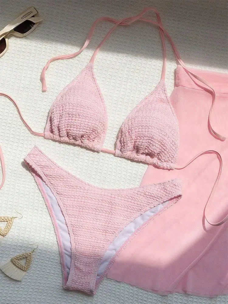 Pink Solid Color 3-piece Swimsuit Women 2026 Summer Beach Skirt Bikini V-neck Halter Backless Bathing Suit Summer Beach Swimwear