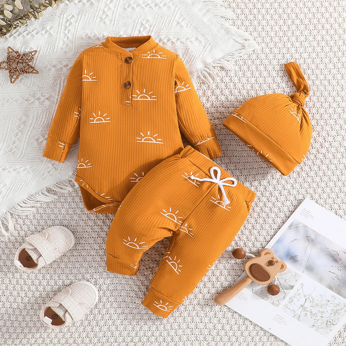 3PCS Baby Boys Clothes Set Spring Autumn Knitted V-neck Romper+infant Pants+hat Newborn Outfits , Newborn Clothing 0-18M